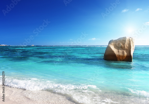 Photo: sunset on the beach, Anse Source d'Argent, La Digue island, Seyc sunset on the beach, Anse Source d'Argent, La Digue island, Seyc