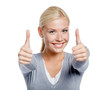 Photo: Portrait of thumbing up with two hands woman, isolated on white Portrait of thumbing up with two hands woman, isolated on white