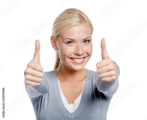 Photo: Portrait of thumbing up with two hands woman, isolated on white Portrait of thumbing up with two hands woman, isolated on white