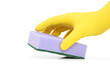 Hand with a rubber glove holding a sponge