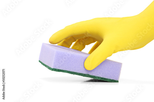 Photo: Hand with a rubber glove holding a sponge Hand with a rubber glove holding a sponge