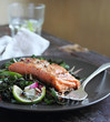 Portion of roasted salmon steak with fresh spring salad