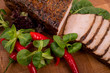 sliced ​​pork on a cutting board as seen from above