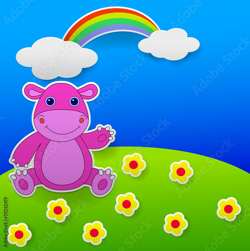 Vector: Greeting card with funny hippo waving hand Greeting card with funny hippo waving hand
