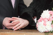Newly-married couple on wedding dresses gold rings