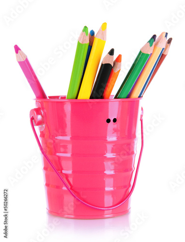 Photo: Colorful pencils in pail isolated on white Colorful pencils in pail isolated on white