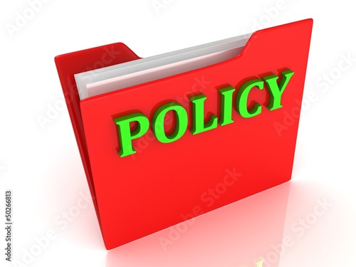 Illustration: POLICY bright green letters on a red folder POLICY bright green letters on a red folder