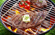 Steak grilling over a glowing fire