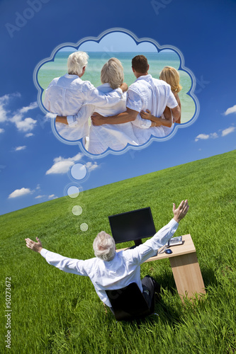 Photo: Man Dreaming Family Vacation Holiday Desk Green Field Man Dreaming Family Vacation Holiday Desk Green Field