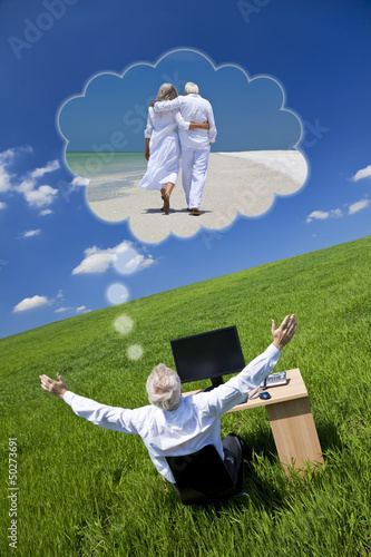 Photo: Businessman Dreaming Vacation Retirement Desk Green Field Businessman Dreaming Vacation Retirement Desk Green Field