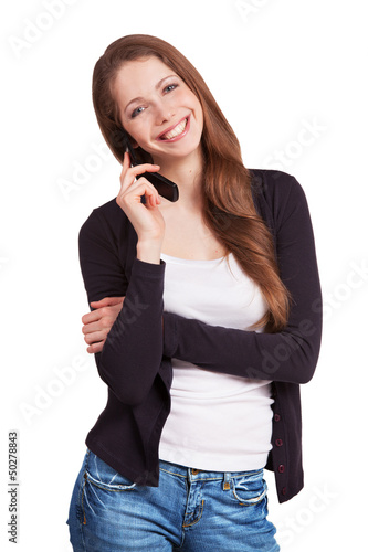 Photo: Cheerful girl talking on a mobile phone Cheerful girl talking on a mobile phone