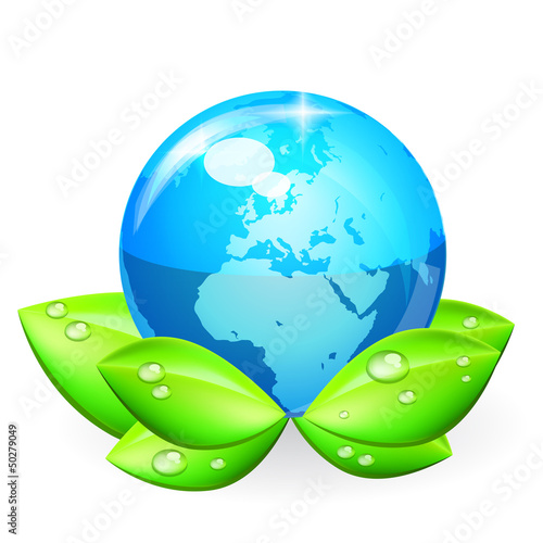 Vector: Globe and green leaves. Vector Globe and green leaves. Vector
