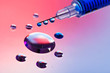 Syringe needle with fluid drops on droplets water background, ma