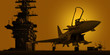 jagdjet auf flugzeugträger im sonnenuntergang
