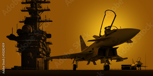 Illustration: jagdjet auf flugzeugträger im sonnenuntergang jagdjet auf flugzeugträger im sonnenuntergang