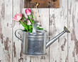 Gießkanne mit Blumenstrauß vor heller, verwitterter Holwand