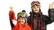 children having fun in the ski suits on a white background