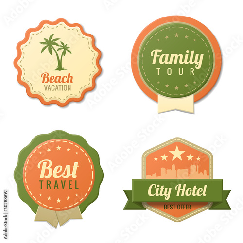 Vector: Travel Vintage Labels template collection. Tourism stickers Travel Vintage Labels template collection. Tourism stickers