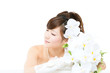 Beautiful asian woman dressed as a bride on white background