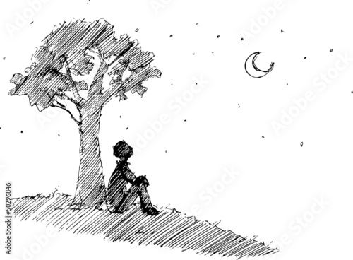 Vector: Man looking at the moon under a the tree Man looking at the moon under a the tree