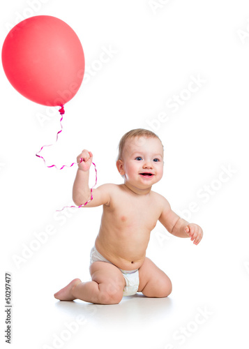 Photo: Smiling baby boy with red ballon in his hand isolated on white Smiling baby boy with red ballon in his hand isolated on white