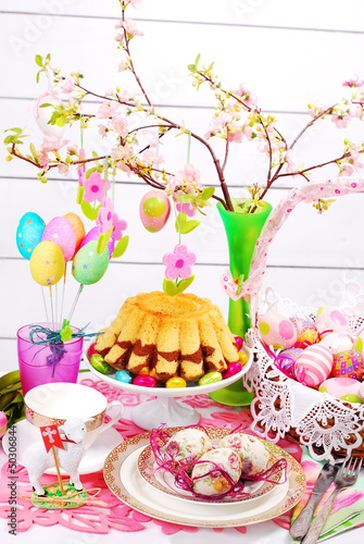 Photo: easter table decoration with ring cake and basket easter table decoration with ring cake and basket