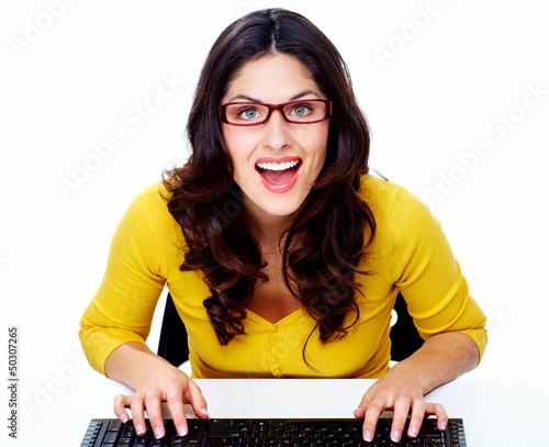 Photo: Business woman with laptop, computer. Business woman with laptop, computer.