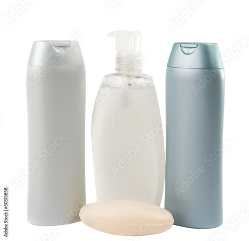 Photo: Plastic bottles of cleaning products. Plastic bottles of cleaning products.