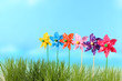 Bunte Windräder im Gras vor Himmel