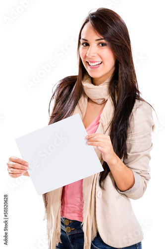 Photo: Happy woman holding banner Happy woman holding banner