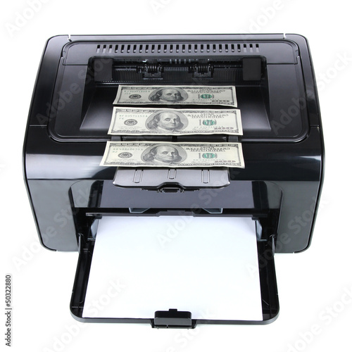 Photo: Printer printing fake dollar bills isolated on white Printer printing fake dollar bills isolated on white