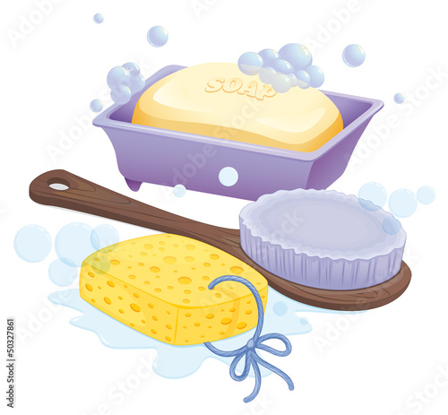 Vector: A sponge, a brush and a soap A sponge, a brush and a soap