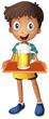 A young boy holding a tray with a mug of beer
