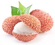 Lychee with leaves on a white background.