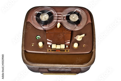 Photo: vintage analog recorder reel to reel on white background vintage analog recorder reel to reel on white background
