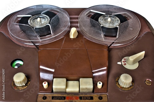 Photo: vintage analog recorder reel to reel on white background vintage analog recorder reel to reel on white background