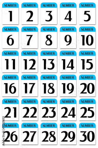 Illustration: Number card 1 to 30 blue Number card 1 to 30 blue