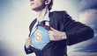 Businessman showing superman suit underneath shirt