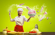 Asian female cook with knife