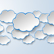 Abstract white paper speech bubbles on light blue background. Cl