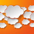 Abstract white paper speech bubbles on orange background. Cloud