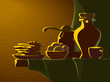 breakfast with pancakes, honey, butter and milk