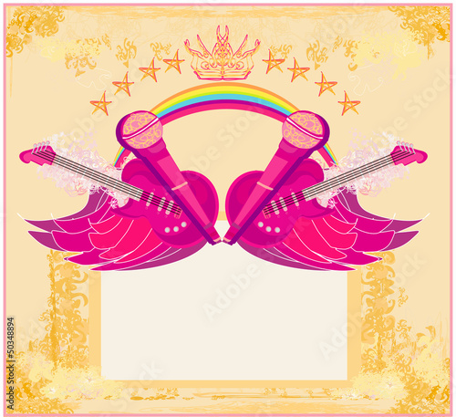 Illustration: Microphone, guitar and wing motif - Abstract party design Microphone, guitar and wing motif - Abstract party design