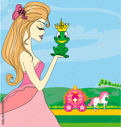 Illustration: Beautiful young princess kissing a big frog Beautiful young princess kissing a big frog
