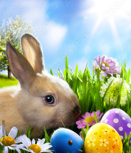 Photo: art Little Easter bunny and Easter eggs on green grass art Little Easter bunny and Easter eggs on green grass