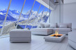 White 3D interior room with fireplace and mountain range view