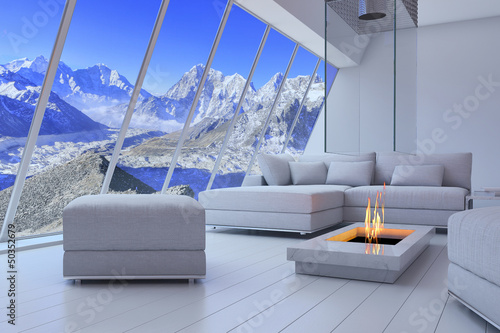 Illustration: White 3D interior room with fireplace and mountain range view White 3D interior room with fireplace and mountain range view