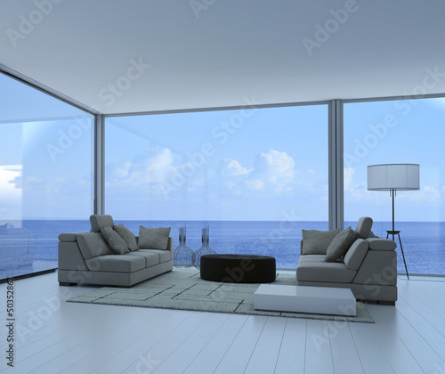 Illustration: 3D Living Room Interior with seascape view 3D Living Room Interior with seascape view
