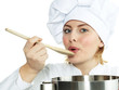 Female chef cook tasting delicious soup