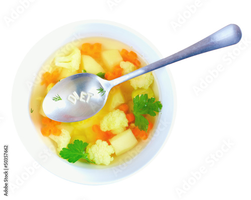 Photo: vegetarian soup, spoon with diet word, isolated vegetarian soup, spoon with diet word, isolated